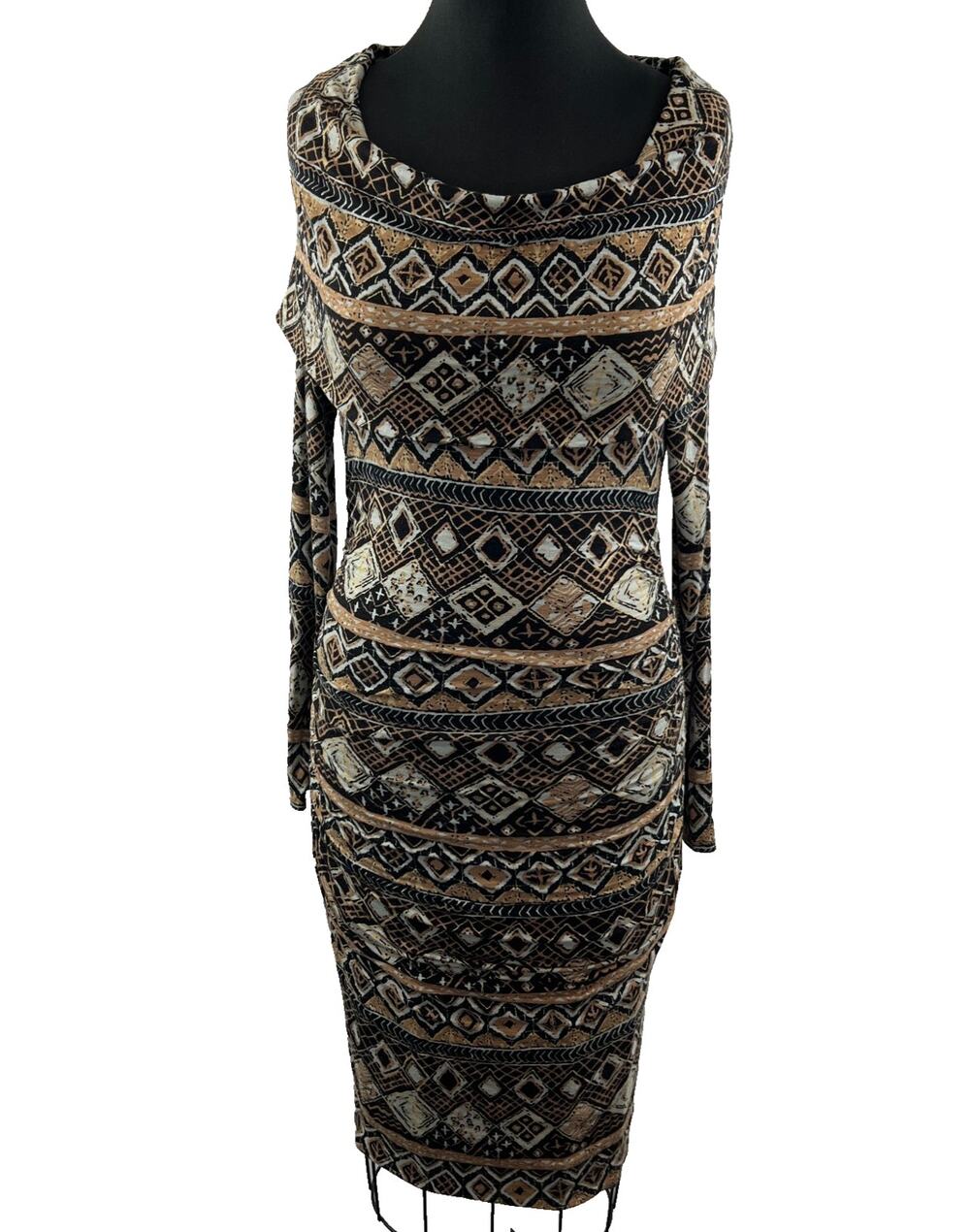 PLENTY Tracy Reese Geometric Brown Drape Long Sleeve Ruched Dress S Small
